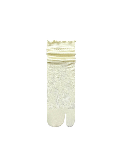 Ivory floral openwork split-toe knee-high sock with scalloped cuff