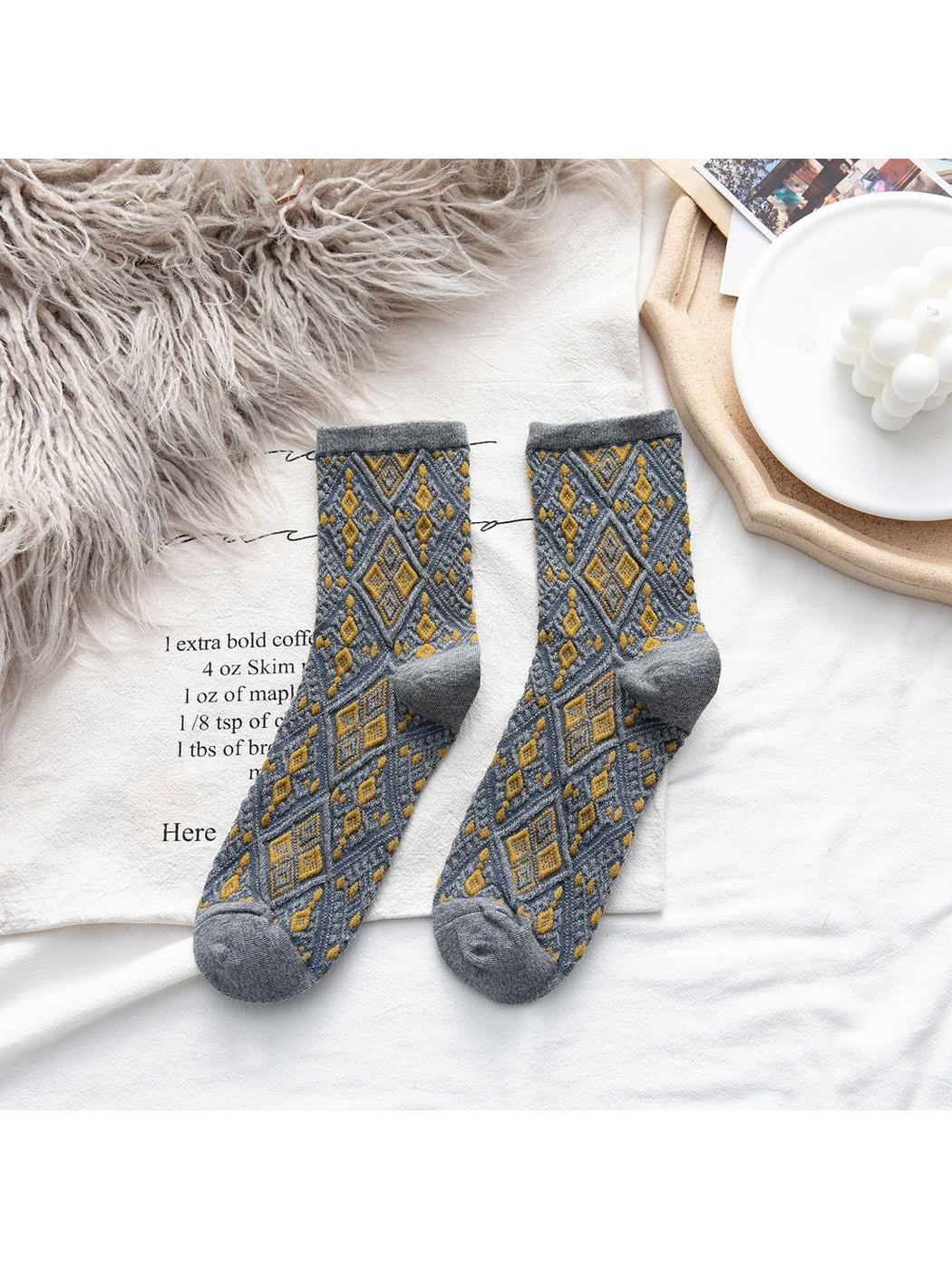 Gray Diamond socks with contrasting yellow geometric motifs