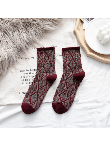 Burgundy Diamond socks with green and burgundy geometric motifs
