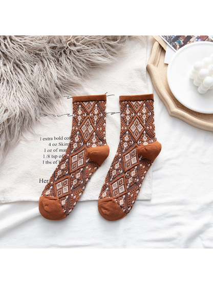 Orange Diamond socks with cream geometric motifs