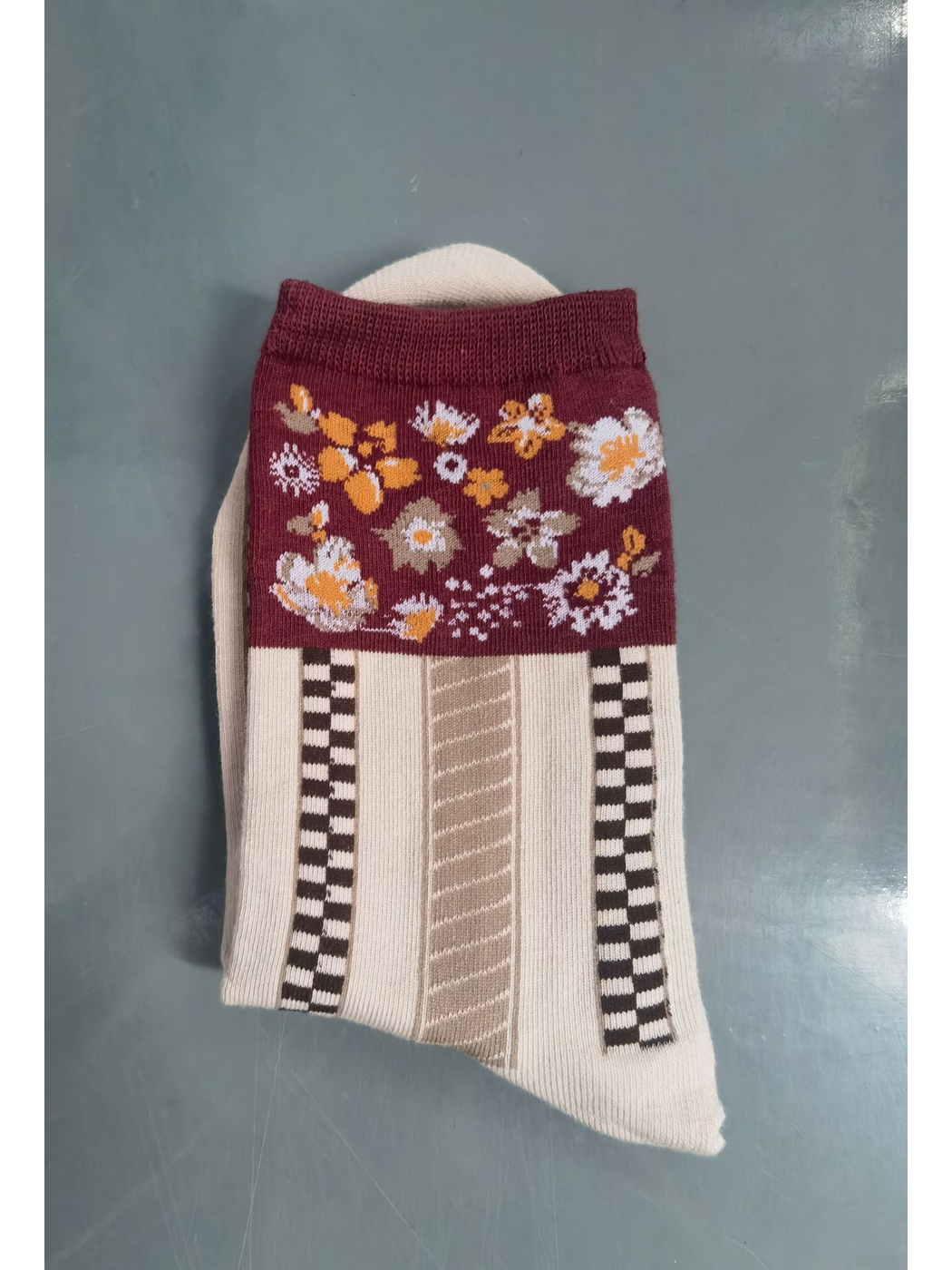 Cream Floral socks with burgundy floral panels and checker stripes