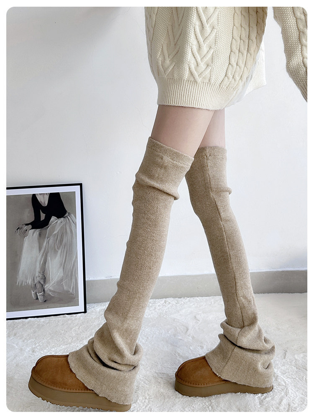 Khaki ribbed over-the-knee leg warmers worn with brown shoes, side view