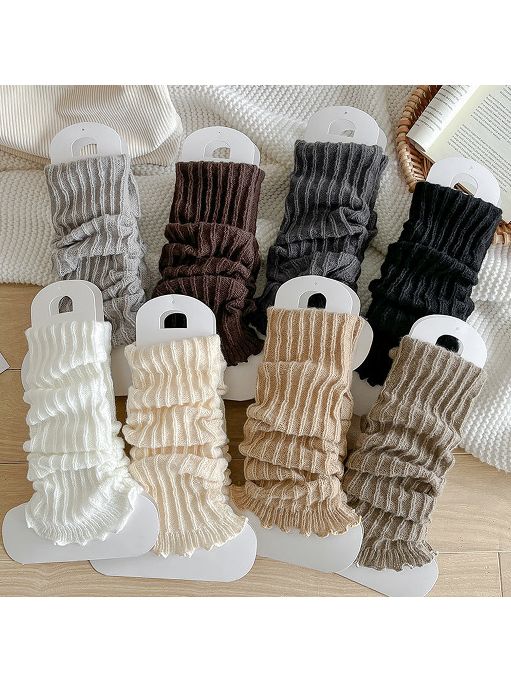 Eight colors of ribbed ruffle-edge socks displayed together