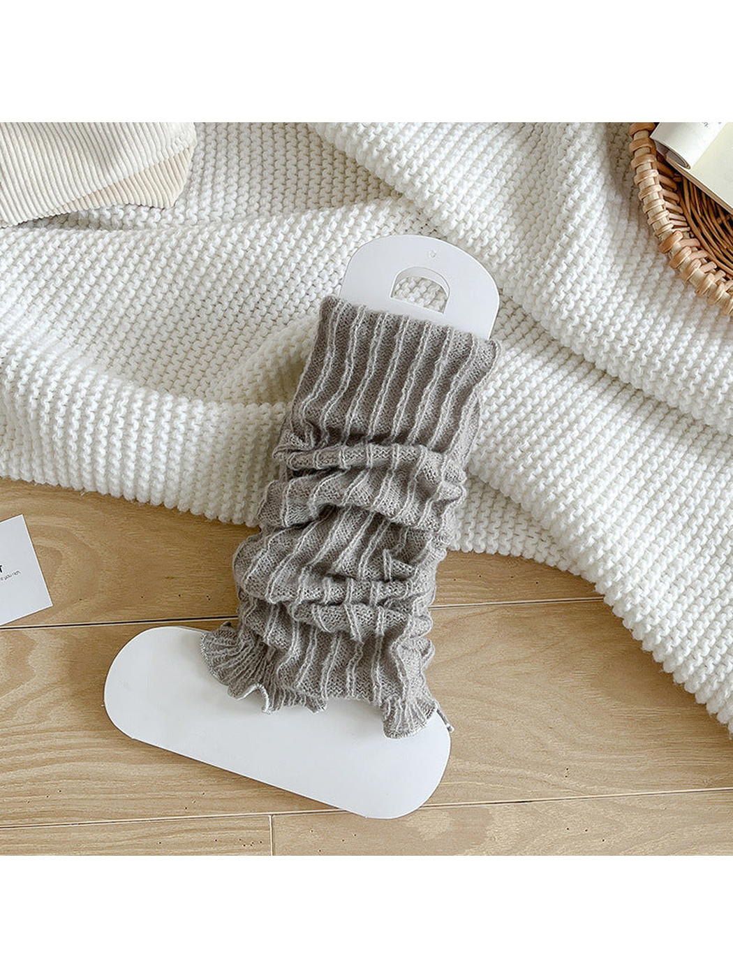 Light Gray ribbed socks with a gathered body and ruffle edge