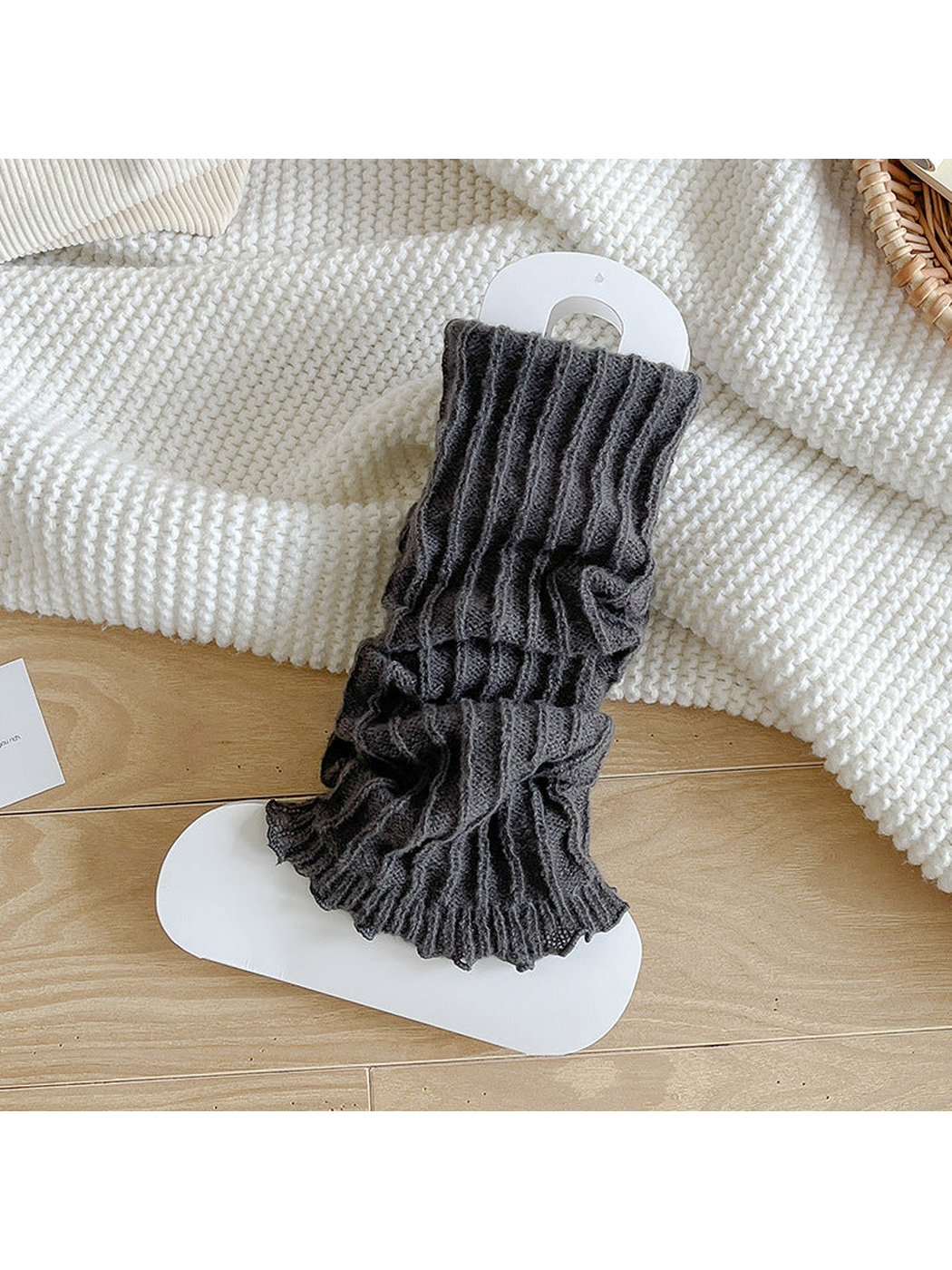 Dark Gray ribbed socks with a gathered body and ruffle edge