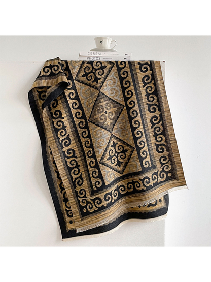 Black / Gold scarf draped open with scroll borders, diamond medallions, and short fringe.