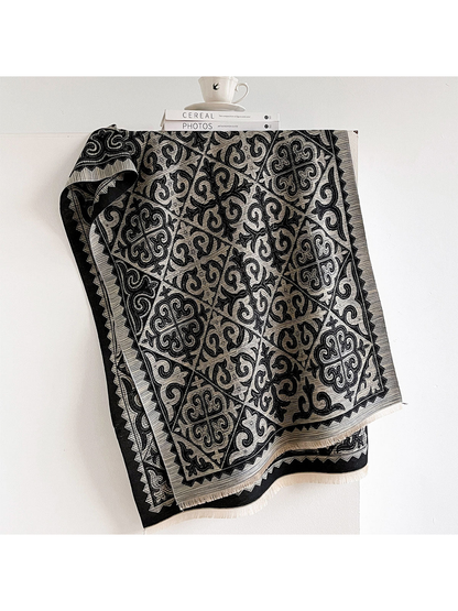 Black Gray ornamental scarf with geometric border and fringed ends