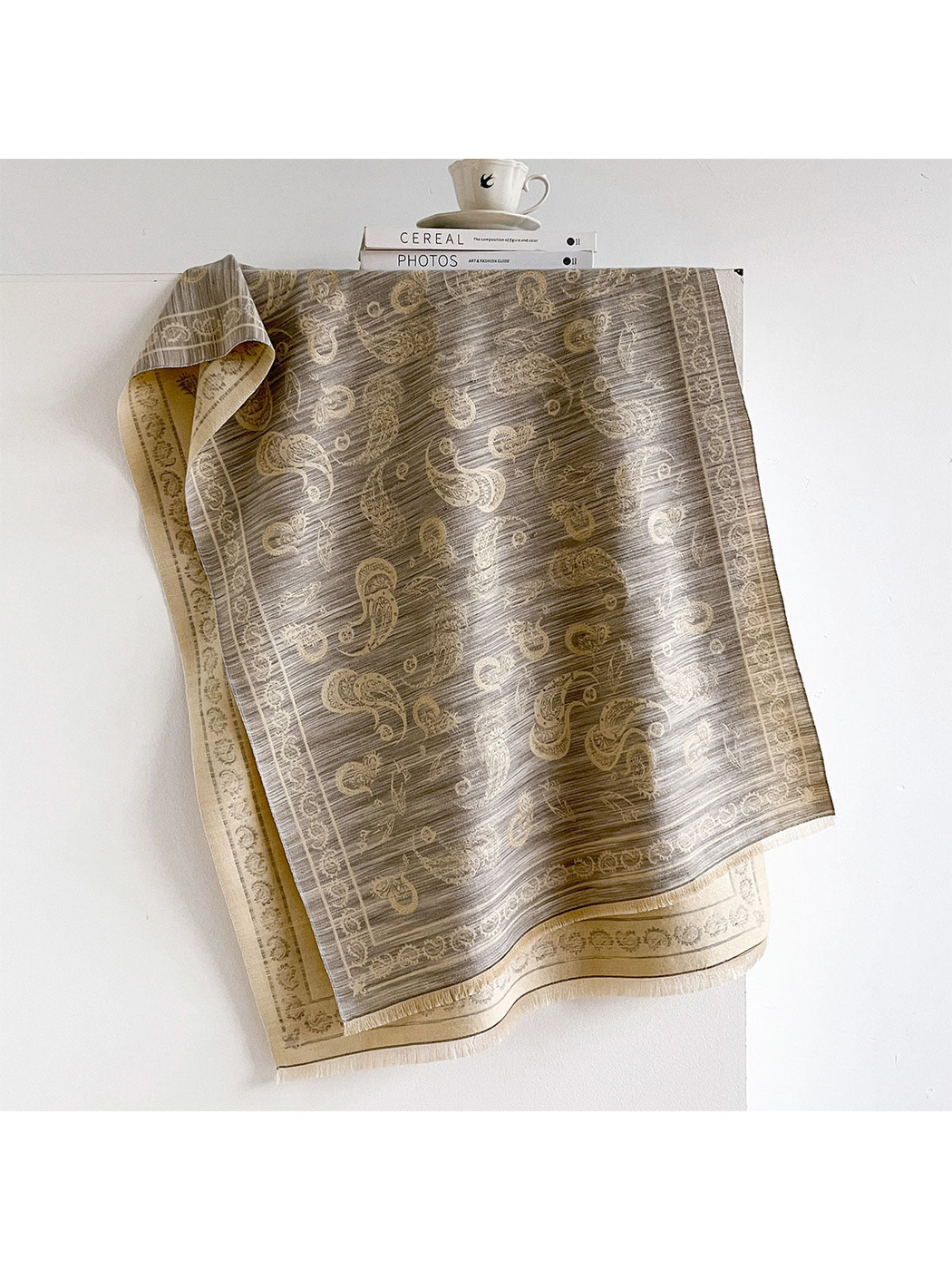 Light Gray paisley scarf with contrasting border and short fringe