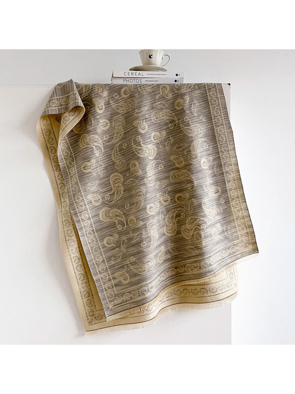 Light Gray paisley scarf with contrasting border and short fringe