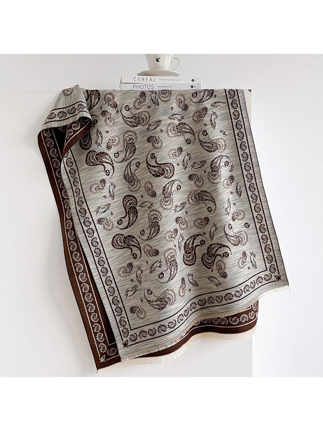 Coffee paisley scarf with contrasting border and short fringe