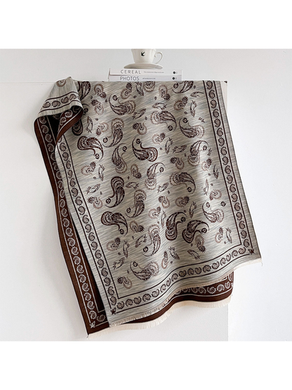 Coffee paisley scarf with contrasting border and short fringe