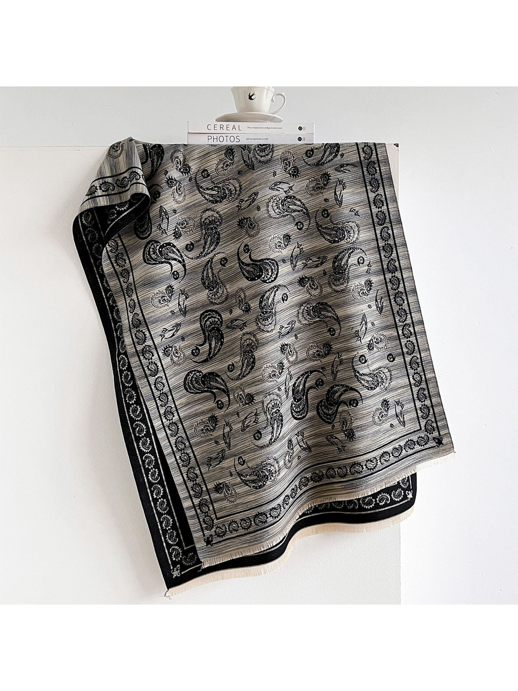 Black Gray paisley scarf with contrasting border and short fringe