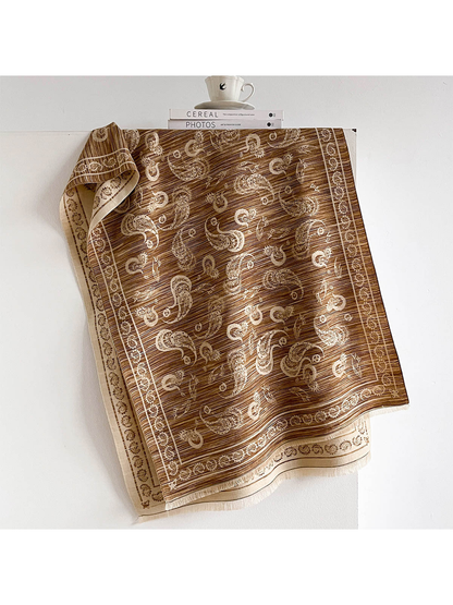 Brown paisley scarf with cream border and short fringe