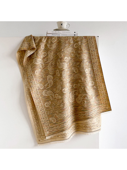 Khaki paisley scarf with cream reverse and short fringe