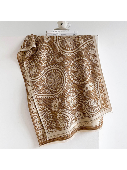 Brown / Ivory paisley scarf with floral medallions, an ivory border and short fringe.