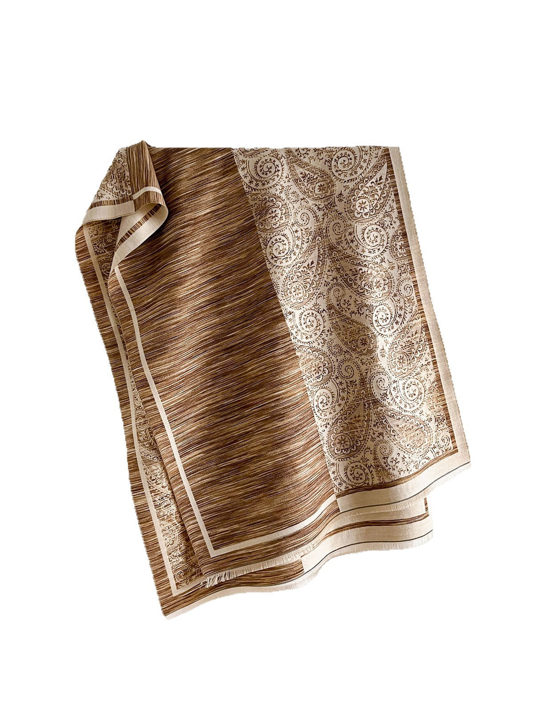 Brown / Cream scarf with striped and paisley panels, contrasting borders and short fringe, draped against white.