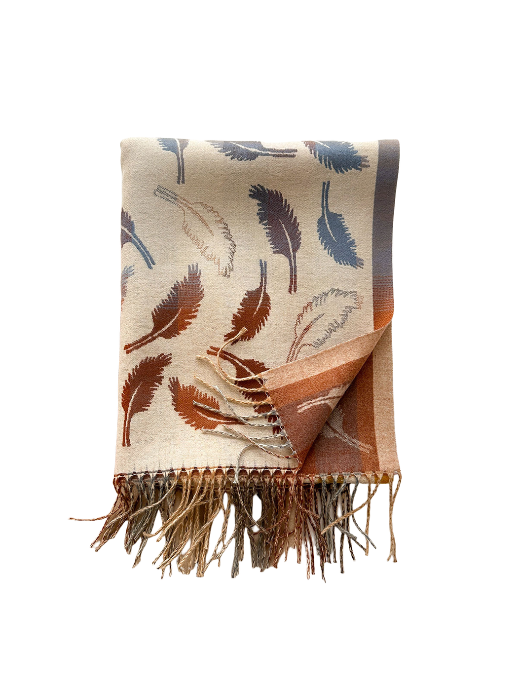 Folded Cream feather-pattern scarf showing its contrasting underside, border and twisted fringe beside a beige coat.
