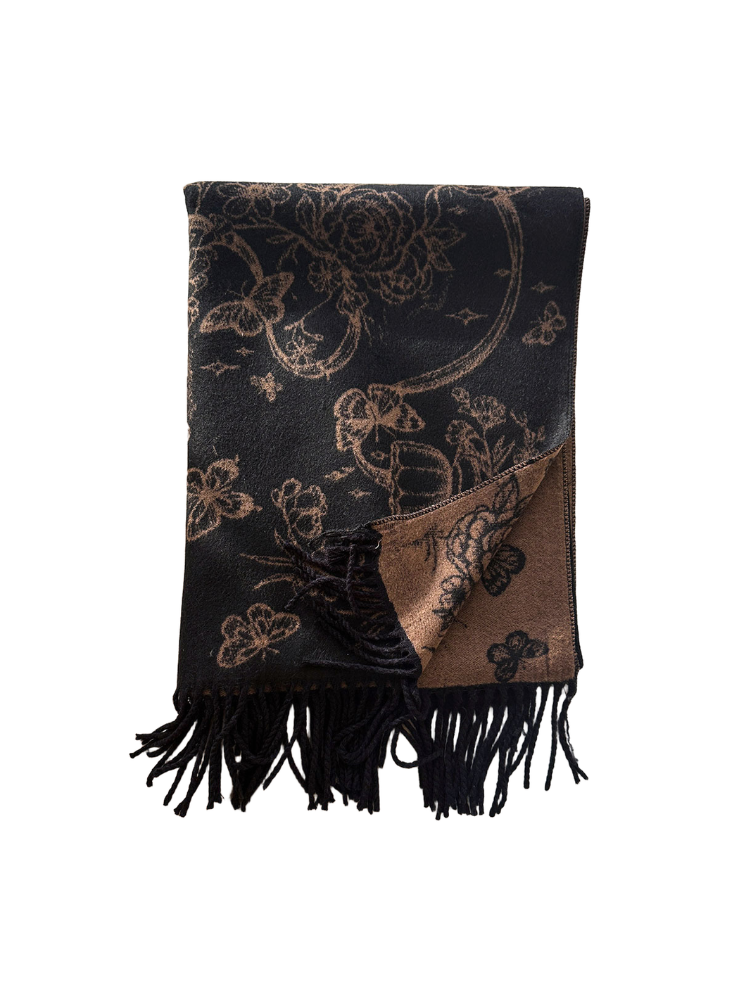 Folded Black / Coffee scarf showing floral and butterfly motifs, contrasting reverse, edge stitching and black fringe beside a beige coat.