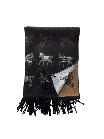 Folded Black horse motif scarf showing its textured surface, finished edge, contrasting color block reverse, and twisted fringe.