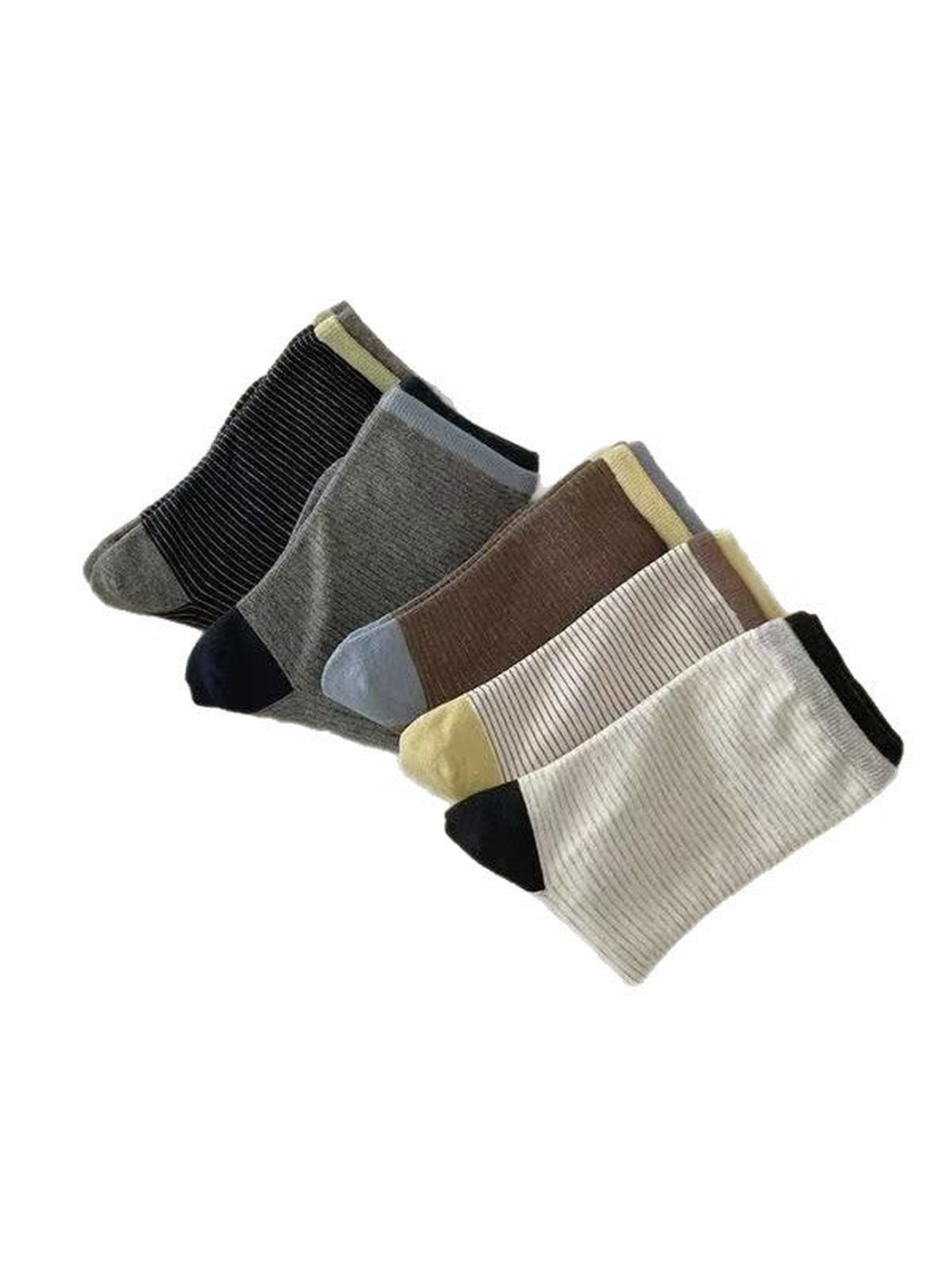 Striped socks folded in a diagonal row on a white background, showing contrasting cuffs and toes.