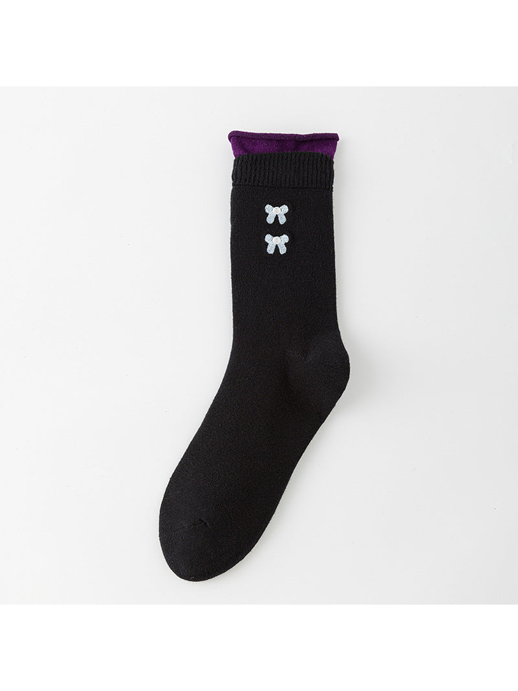 Black crew sock with a purple rolled upper edge and two pale blue bow motifs.