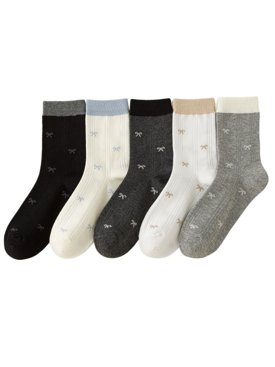 Bow-pattern crew socks in black, ivory, dark gray, white and light gray with contrasting cuffs.