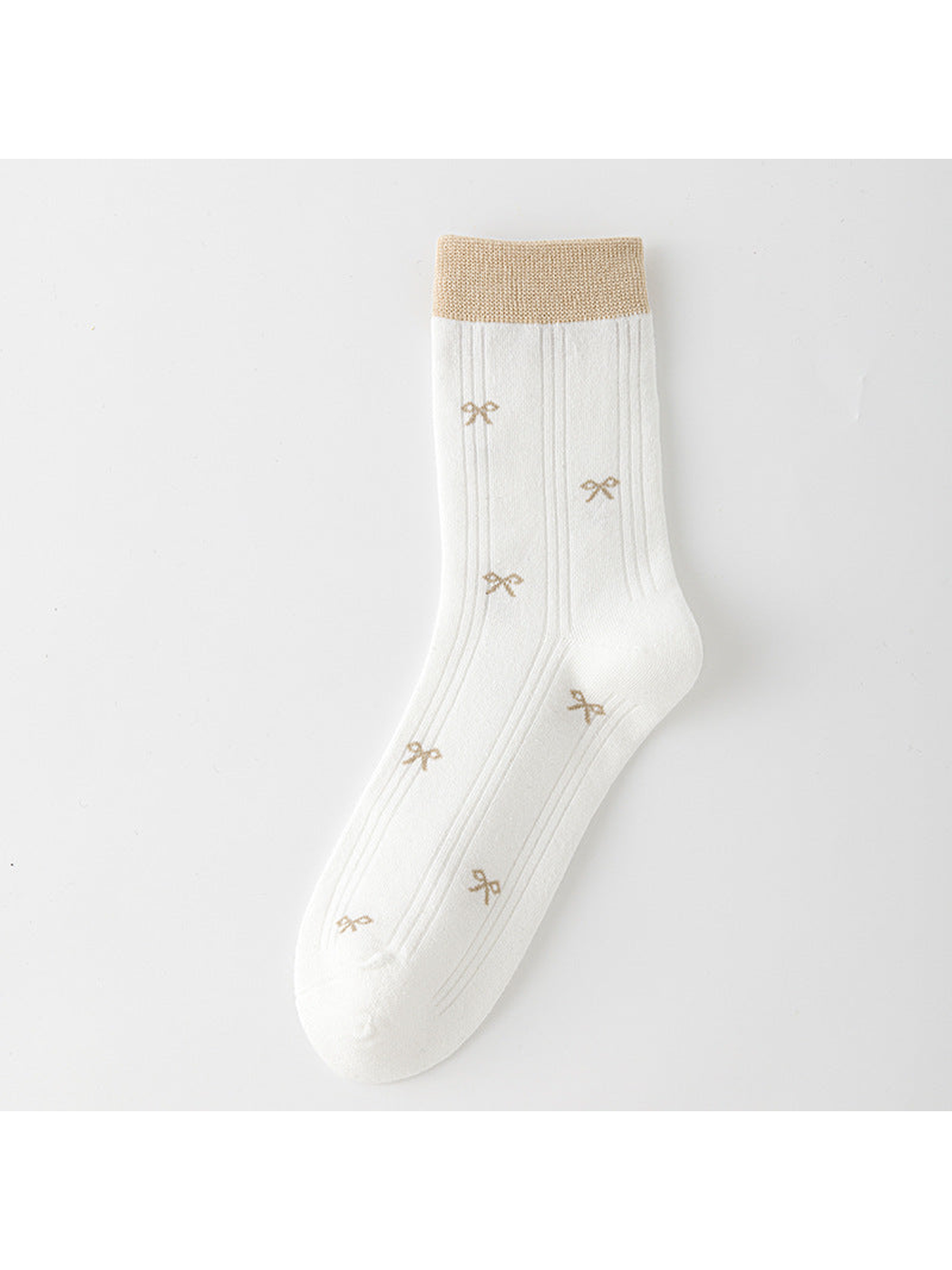 White ribbed crew sock with beige cuff and small beige bow motifs.
