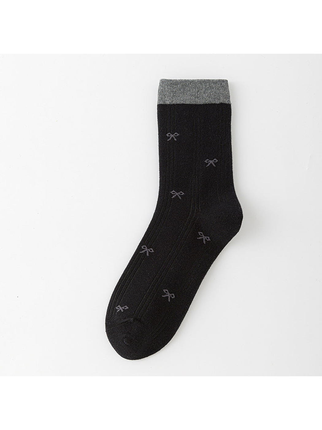 Black ribbed crew sock with gray cuff and small gray bow motifs.