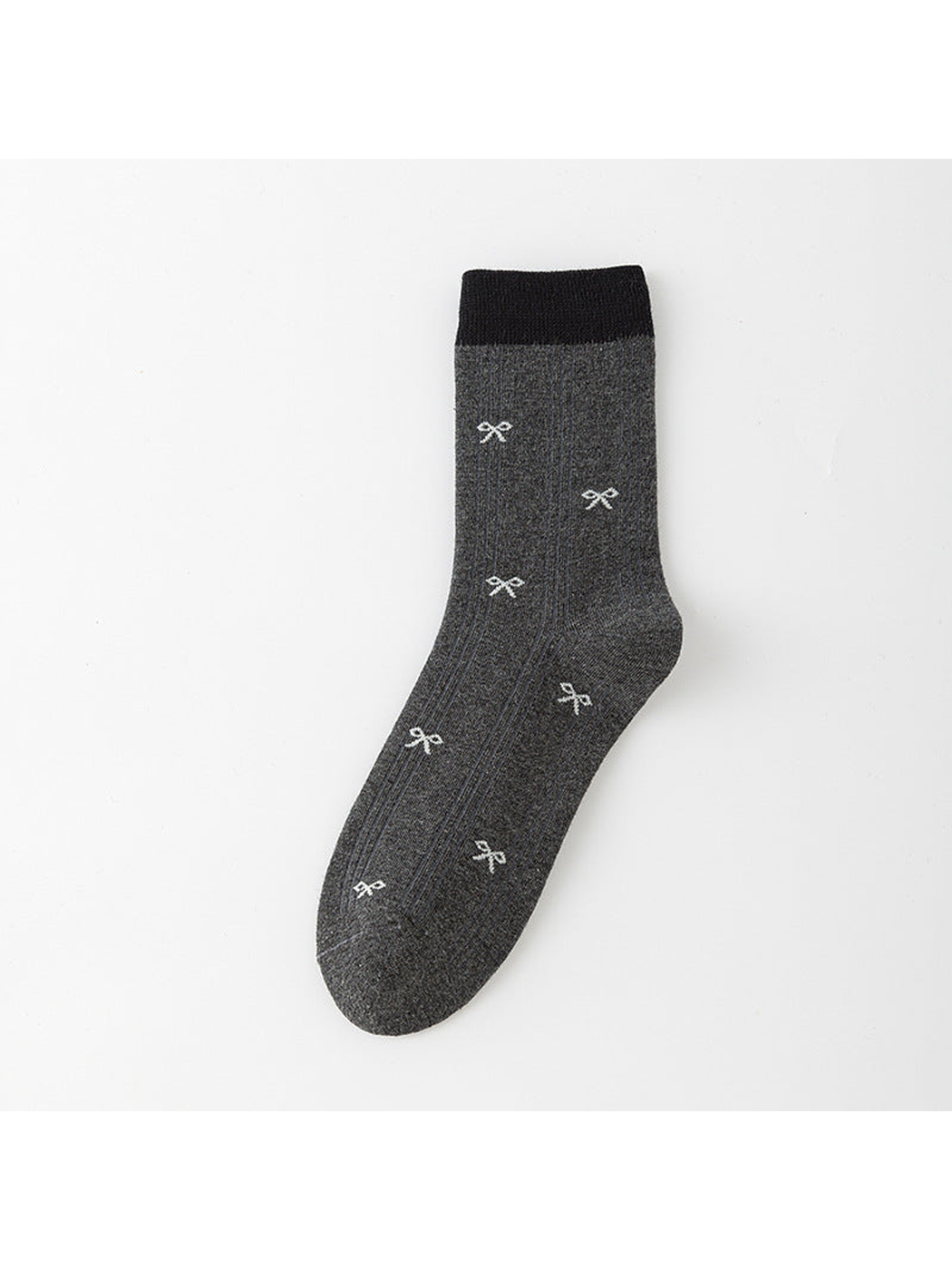 Dark Gray ribbed crew sock with black cuff and small pale bow motifs.