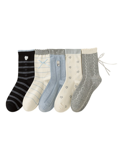 Crew socks in five styles with stripes, hearts, waves, a rabbit motif, and stars.