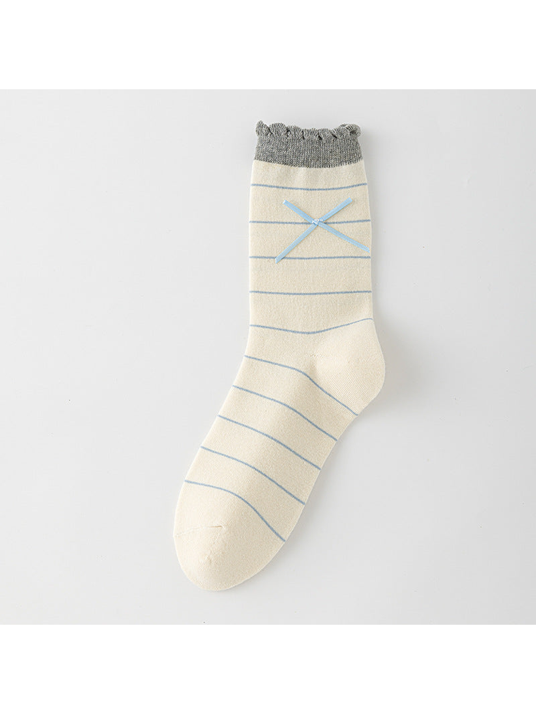 Stripes crew sock with pale blue lines, a ribbon bow, and a scalloped gray cuff.
