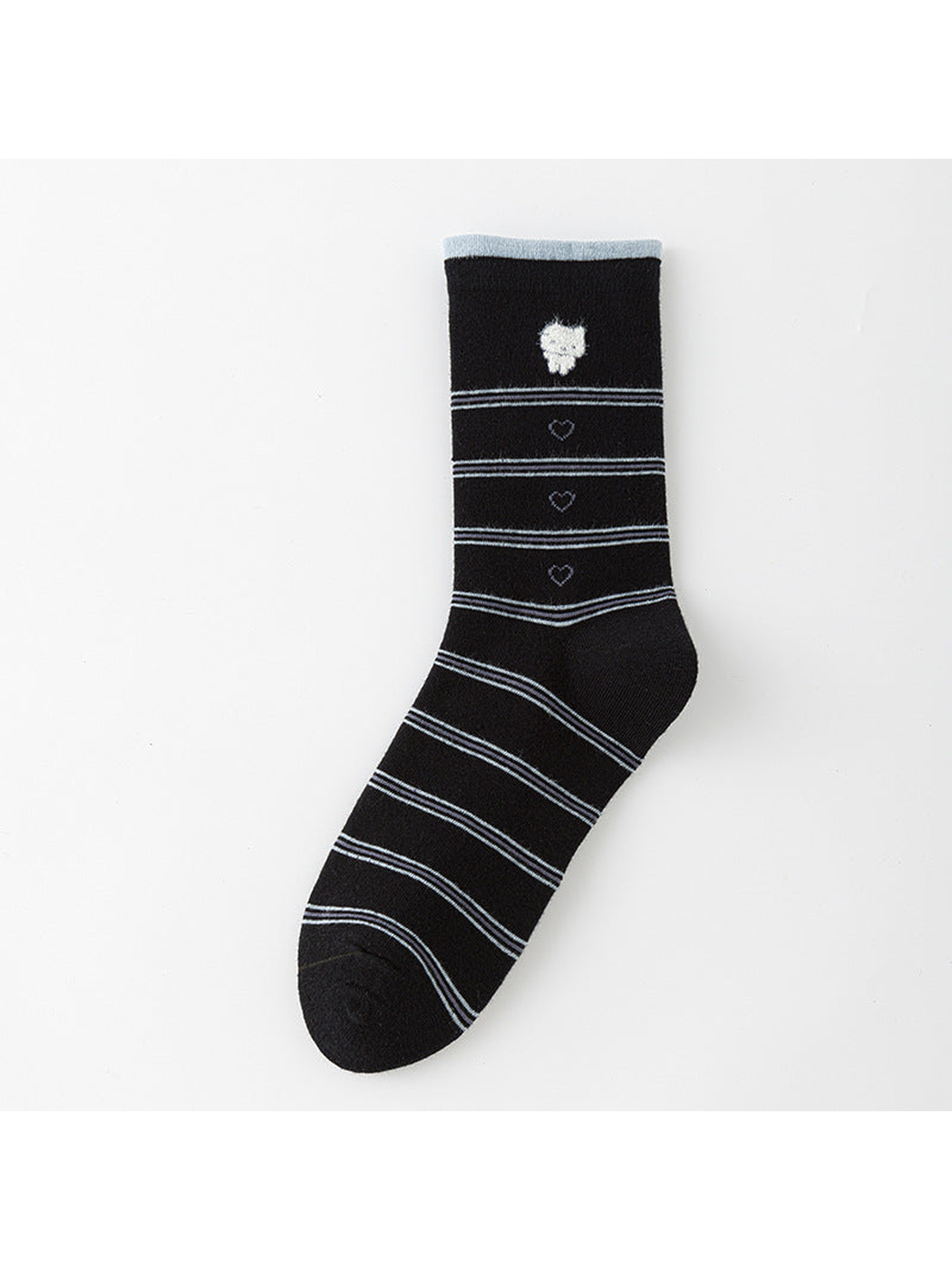 Hearts crew sock in black with pale blue stripes and outlined heart motifs.