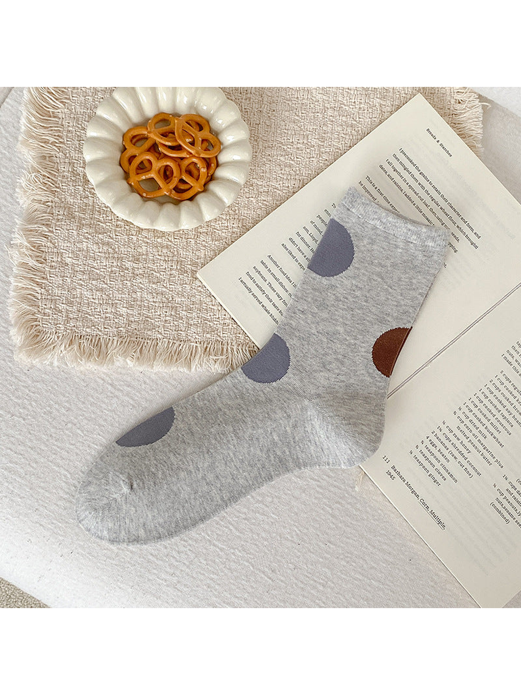 Heather Gray crew sock with oversized dark gray and brown dots.