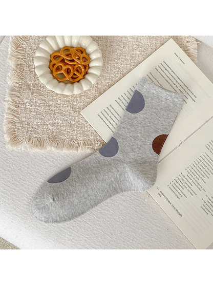 Heather Gray crew sock with oversized dark gray and brown dots.