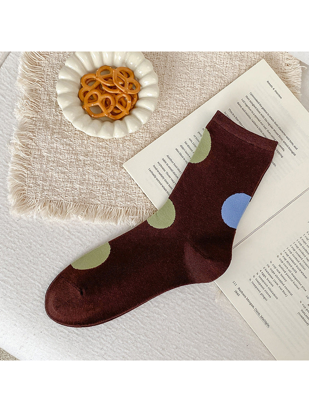 Dark Brown crew sock with oversized light green and light blue dots.