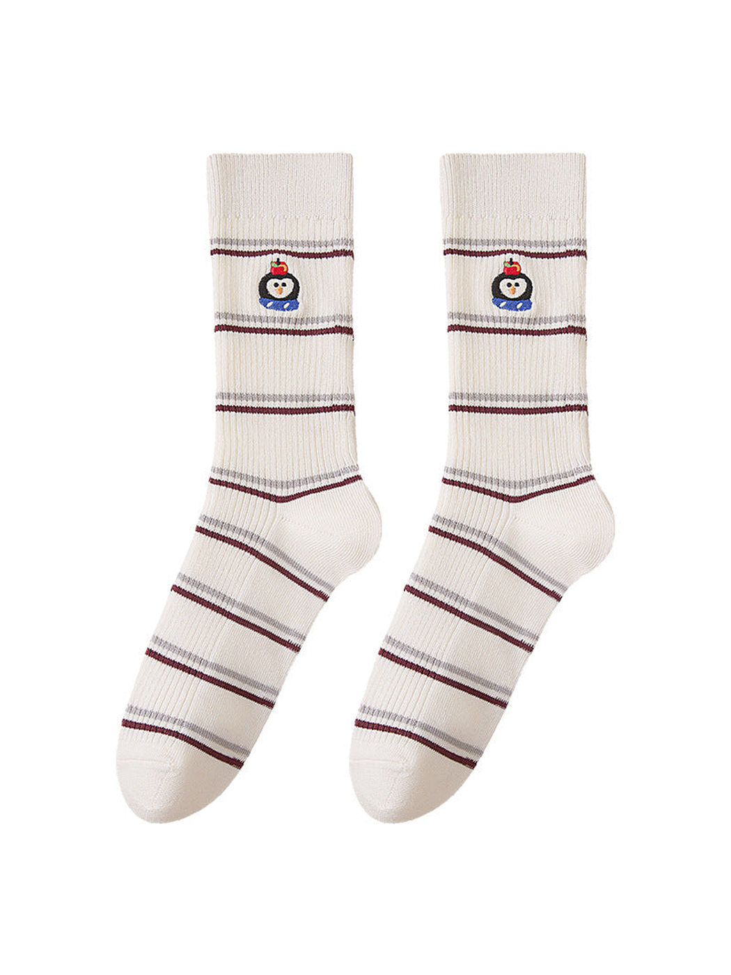 Penguin striped socks with ribbed cuffs and embroidered motifs, full front view.
