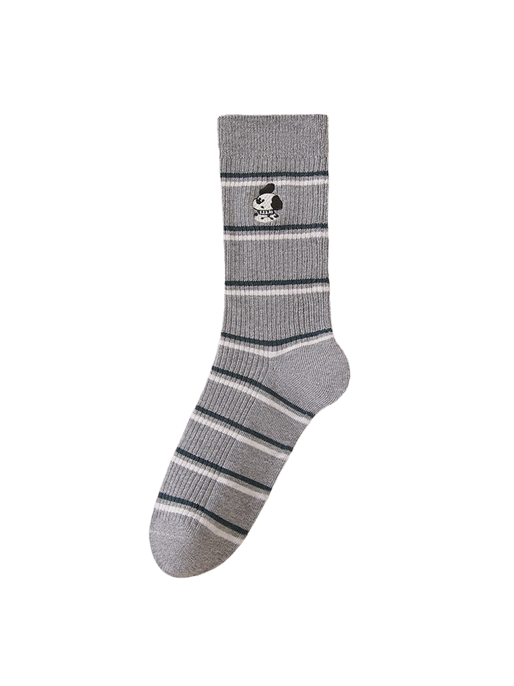 Rabbit striped sock with an embroidered motif and ribbed cuff, full side view.