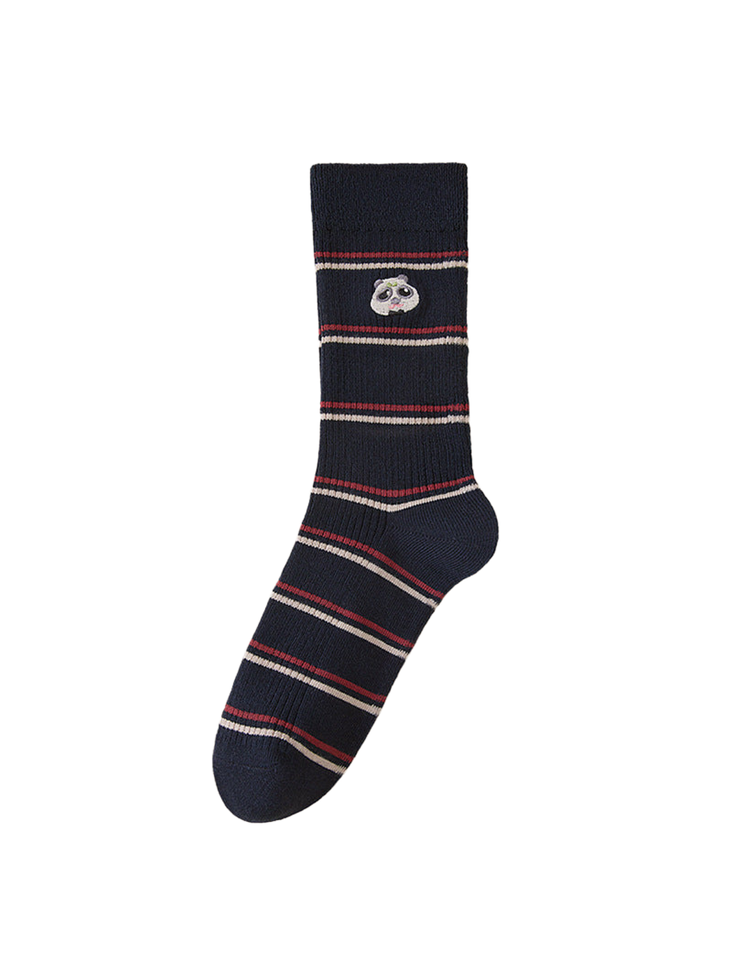 Panda striped sock with an embroidered motif and ribbed cuff, full side view.