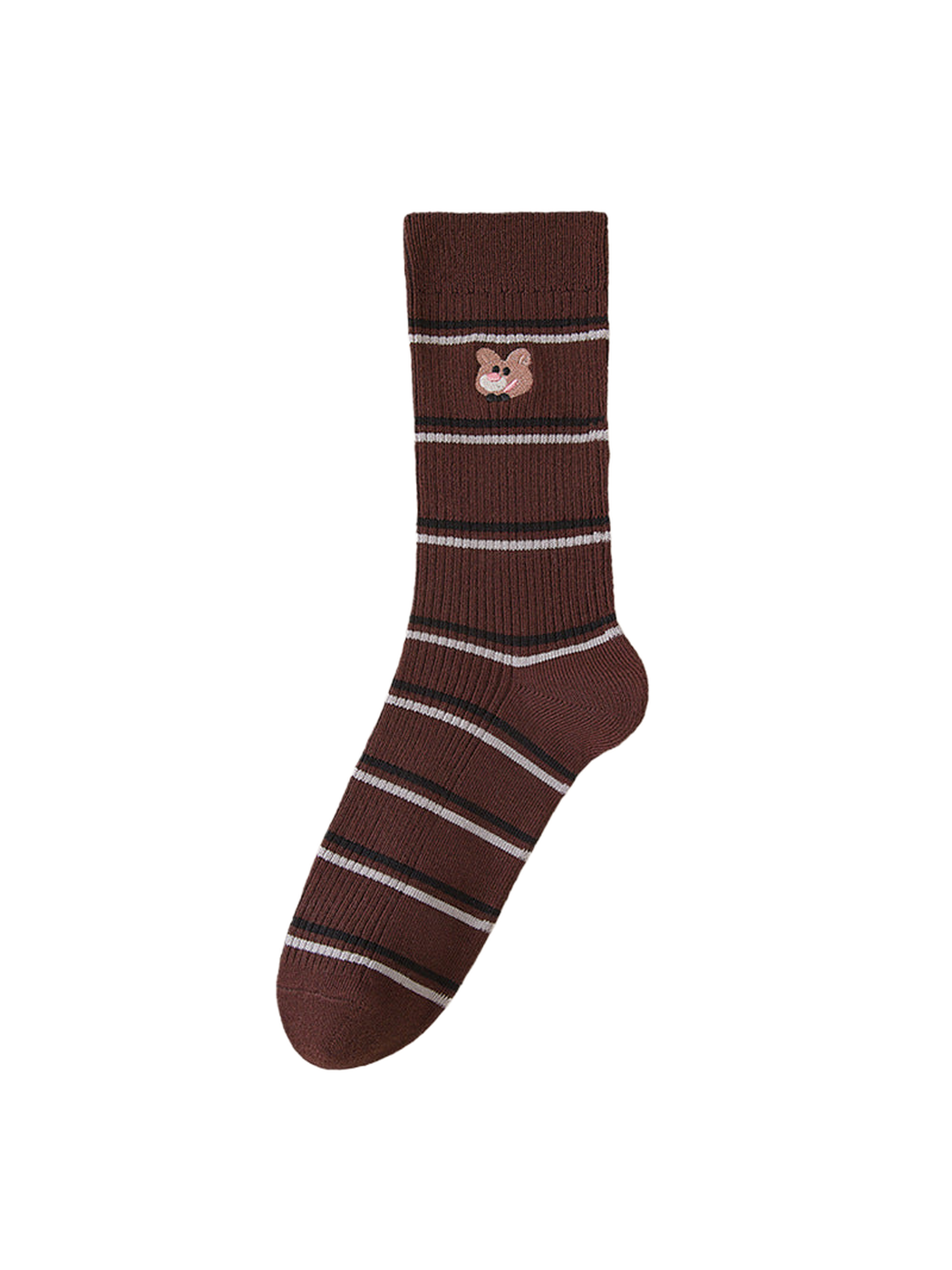 Cat striped sock with an embroidered motif and ribbed cuff, full side view.