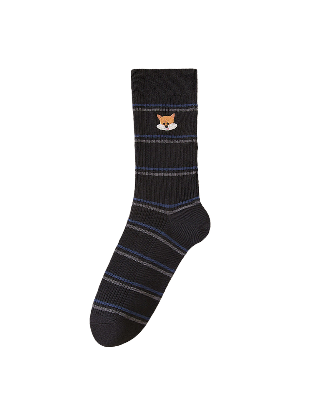Fox striped sock with an embroidered motif and ribbed cuff, full side view.