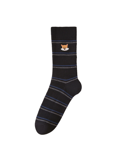 Fox striped sock with an embroidered motif and ribbed cuff, full side view.