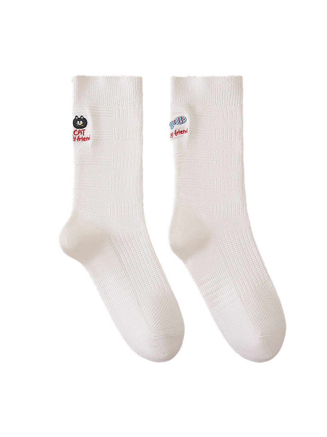 Ivory crew socks with cat and fish embroidery, ribbed cuffs, and geometric knit texture.