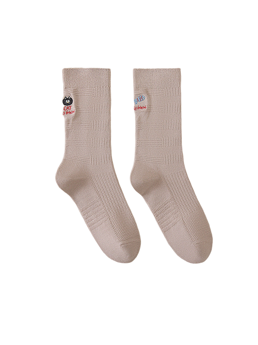 Beige crew socks with cat and fish embroidery and geometric knit texture.