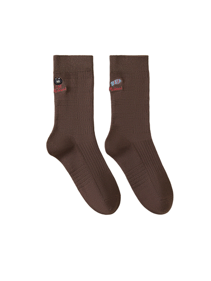Coffee crew socks with cat and fish embroidery and ribbed cuffs.