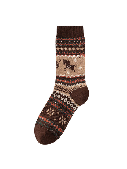 Coffee crew sock with a horse motif, geometric bands, and contrasting heel and toe.