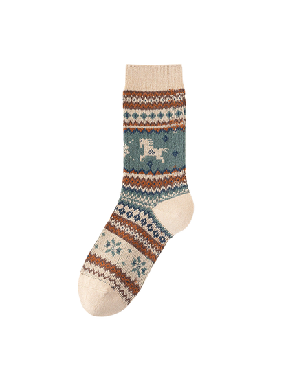 Cream crew sock with a horse motif and teal, brown, and orange geometric bands.