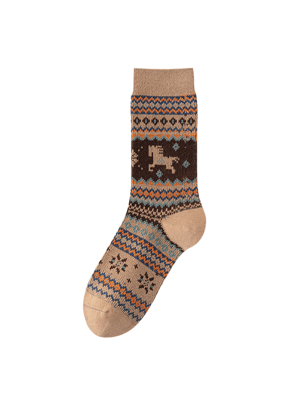 Khaki crew sock with a horse motif and blue, orange, and brown geometric bands.