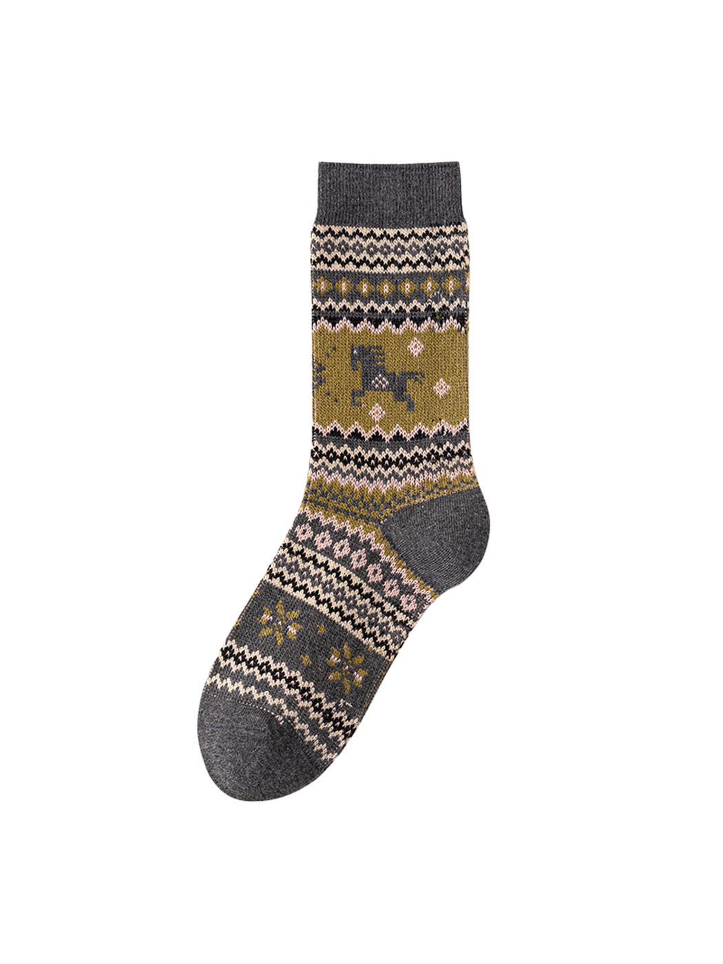 Dark Gray crew sock with a horse motif and cream, black, and mustard geometric bands.