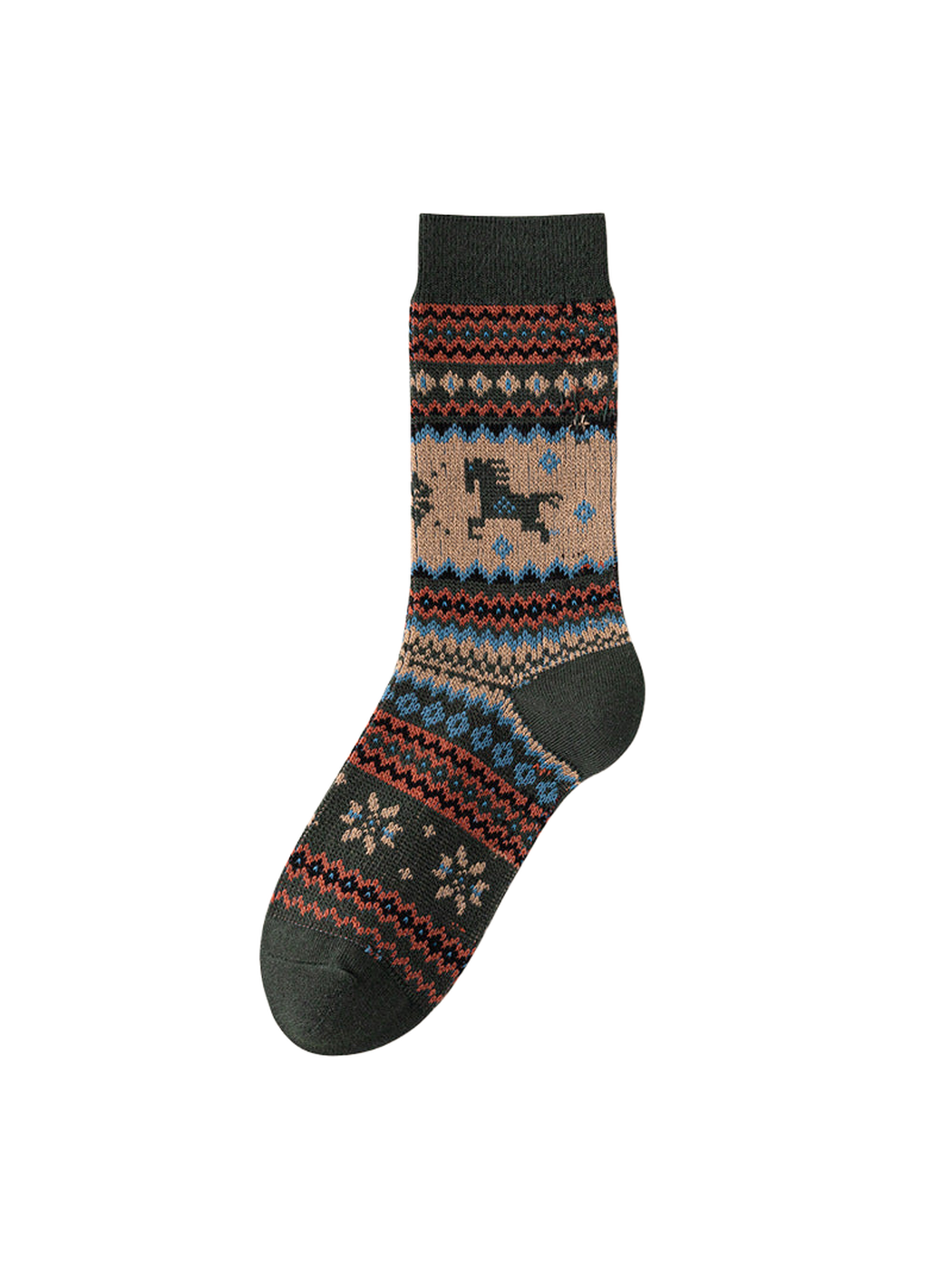 Dark Green crew sock with a horse motif and blue, orange, and tan geometric bands.