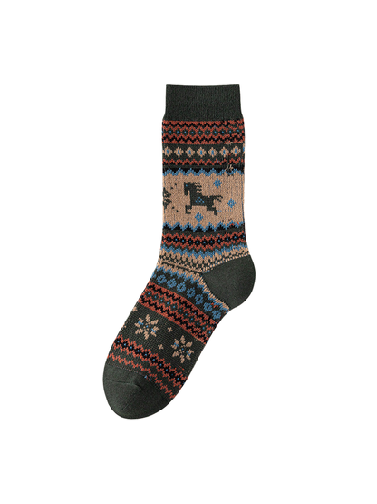 Dark Green crew sock with a horse motif and blue, orange, and tan geometric bands.